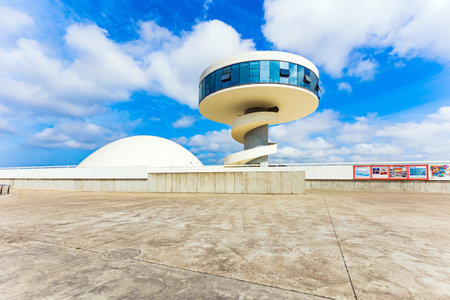 International center of the architect Oscar Niemeyer. The town of Avilas in Asturias. North of Spain. The complex consists of several futuristic buildings of white color and various shapes.のeditorial素材