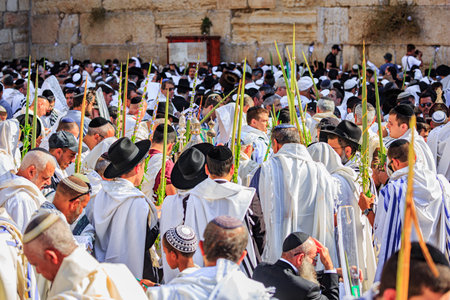 JERUSALEM, ISRAEL - SEPTEMBER 26, 2018: Religious Jews pray at the Western Wall of the Temple, wrapped in Tallit. Blessing of the Kohanim. Morning autumn Sukkot.のeditorial素材