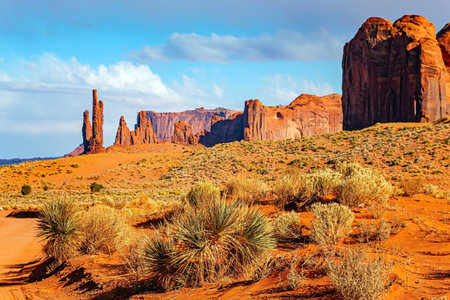 Rocks Three Nuns and Mitchell Mesa. Monument Valley. USA. Navajo Indian Reservations. The Colorado Plateau is made up of picturesque bright red sandstone.の写真素材