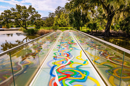 Beautiful bridge with mirrored sides across the lake. Centenary oak trees grow on the shores of the lake. New Orleans. USA. The magnificent City Park.の写真素材