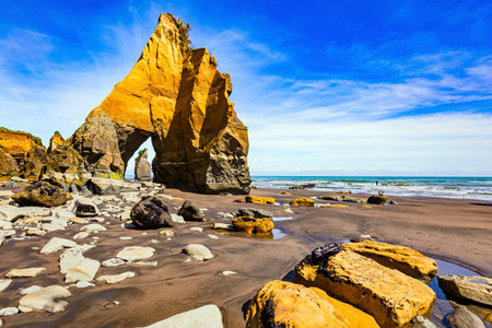 The Tongaporutu beach on the Pacific coast. Unique rocks on the ocean shore. Magical journey to the ends of the world. New Zealand. North Island.の写真素材