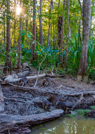 Large family of raccoons. Swamps on sunny day. Louisiana. Boat excursion to the protected areas of the Mississippi Basin. Louisiana. Travel to America.の写真素材