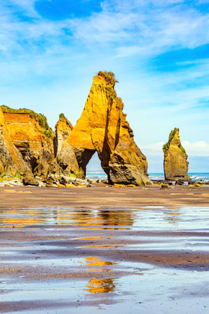 The Tongaporutu beach on the Pacific coast. Magical journey to the ends of the world. New Zealand. North Island. Low tide on the Pacific coast.の写真素材