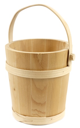 Wooden bucket isolated on white backgroundの写真素材