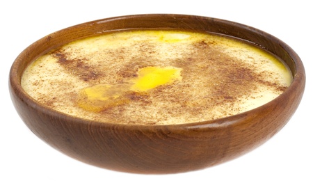 Tradtitional Norwegian sour cream porridge with butter, sugar and cinnamonの写真素材