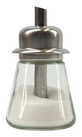 Metal and glass sugar shaker isolated on whiteの写真素材