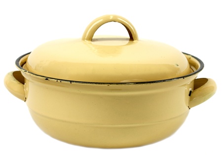 Yellow retro lidded pot isolated on whiteの写真素材