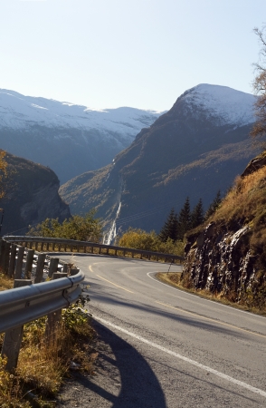 Curvy steep road to Geirangerの写真素材