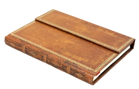 Old leather book isolated on white backgroundの写真素材
