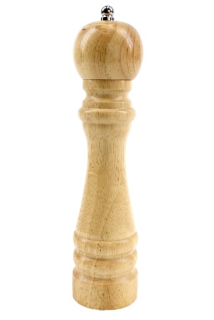 Wooden pepper grinder isolated on white backgroundの写真素材