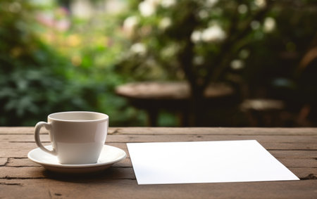 Coffee cup and blank paper on wooden table in coffee shopの素材