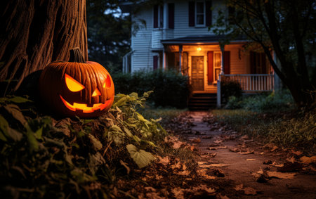 Halloween pumpkins in front of a house at night, Halloween conceptの素材
