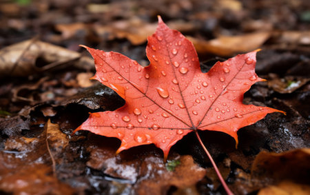 Red maple leaf with water drops on the ground in the autumn forestの素材