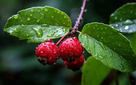 Red hawthorn berries on a branch with raindrops after a rainの素材