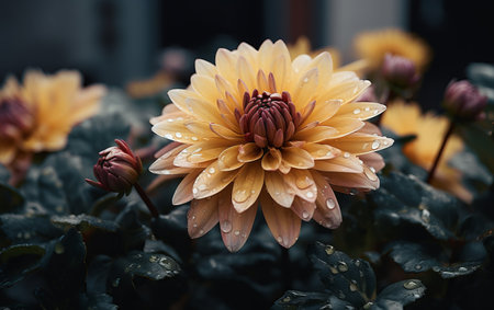 Beautiful yellow dahlia flower in the garden with rain dropsの素材