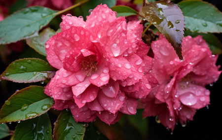 Beautiful pink flowers of Japanese camellia with dew dropsの素材