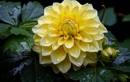 Yellow dahlia with raindrops on the petals and leavesの素材