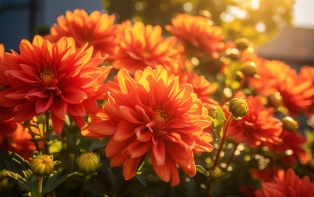 Orange dahlia flowers in the garden with sunlight. Nature backgroundの素材