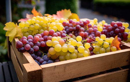 Ripe grapes in a wooden box on a background of autumn leavesの素材
