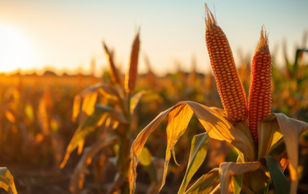 Ripe corn on the field at sunset. Shallow depth of fieldの素材