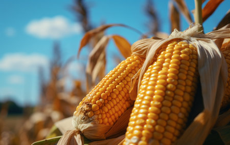 Ripe corn on the cob in the field, close-upの素材