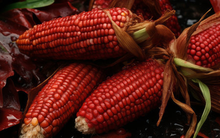 Fresh red corn on the cob, close-up, background.の素材