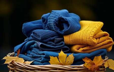 Pile of knitted sweaters in a basket on autumn backgroundの素材