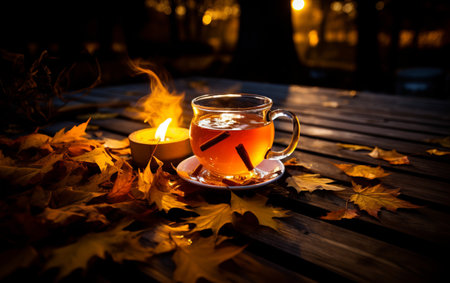 Cup of hot tea with autumn leaves on wooden table at nightの素材