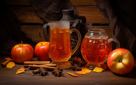 Mug of apple cider with spices and apples on a wooden backgroundの素材