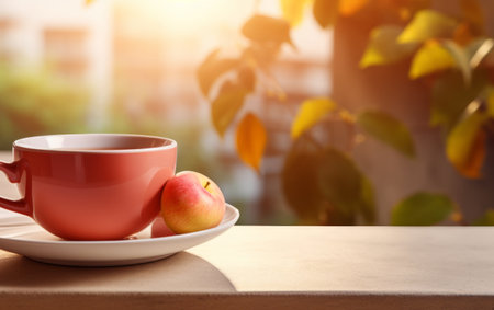 Cup of tea with apple on wooden table against blurred background.の素材