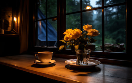 A cup of coffee and a bouquet of yellow roses on the windowsill in the eveningの素材