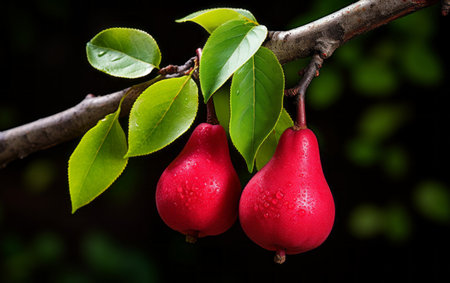 Red pears on a branch with green leaves on a dark backgroundの素材