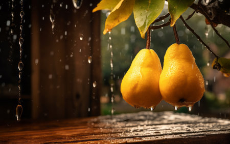 Ripe yellow lemons hanging on a branch under rain drops.の素材