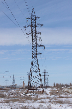 High voltage power tower in winter dayの写真素材