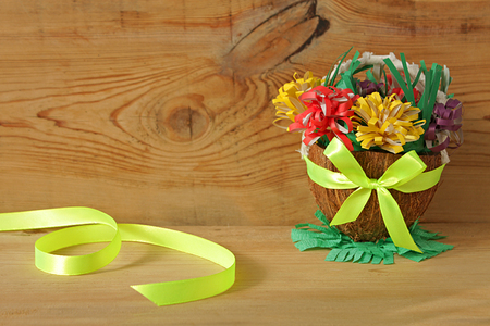 Basket with paper flowers and grass, Spring DIYの写真素材