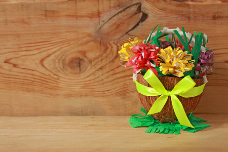 Basket with paper flowers and grass, Spring DIYの写真素材