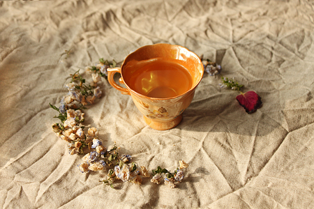 Cup of oolong tea on linen backgroundの写真素材