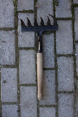 Black little old rake on gray tile. Gardening, farming, garden supplies and equipment.の写真素材