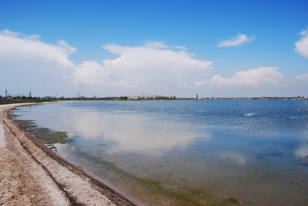 Seascape of Azov Sea, Ukraine. No one on the beach. Beautiful coast.の写真素材