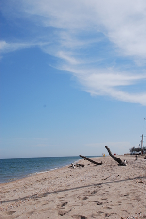 Seascape of Azov Sea, Ukraine. No one on the beach. Beautiful coast.の写真素材