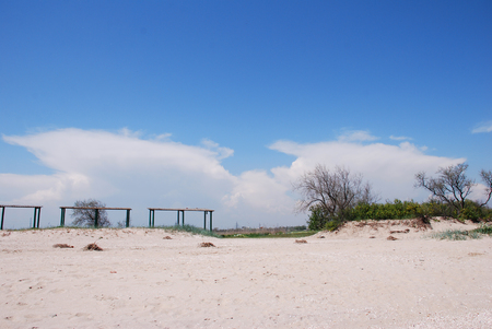 Seascape of Azov Sea, Ukraine. No one on the beach. Beautiful coast.の写真素材
