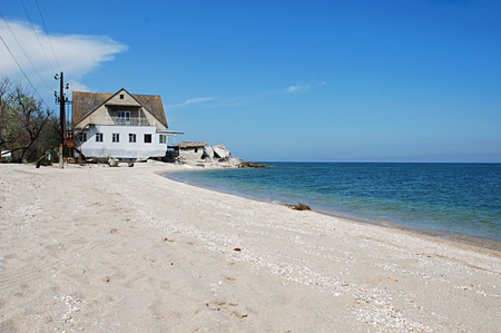 Seascape of Azov Sea, Ukraine. No one on the beach. Beautiful coast.の写真素材