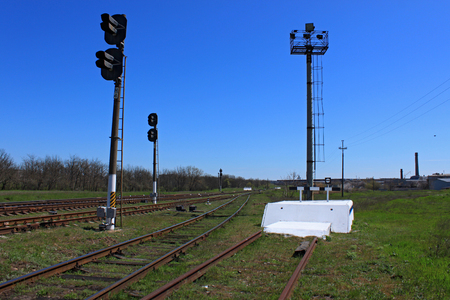 Railway station against beautiful sky. Industrial landscape with railroad. Railway junction.の写真素材