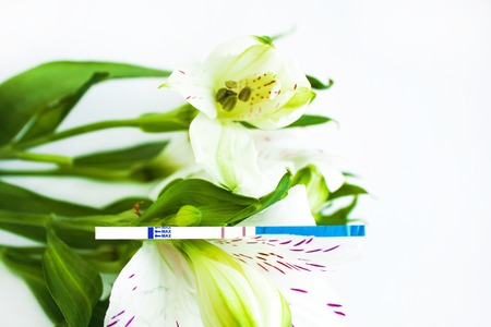 Positive pregnancy test with a bouquet of white alstroemeria flowersの写真素材