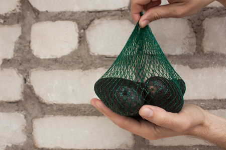 Fresh organic  avocados in a green string bag in male hands on a brick wall background, healthy food concept, copy space. Eco lifestyle, how to choose fruits and vegetables. Shopping, market.の写真素材