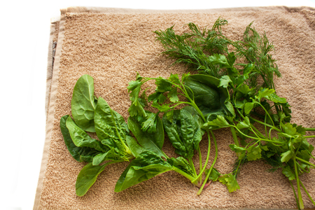 Washed fresh greens on the kitchen towel, healthy lifestyle, eco friendly, raw, vegan background, vegetables diet, copy space, flat lay.の写真素材