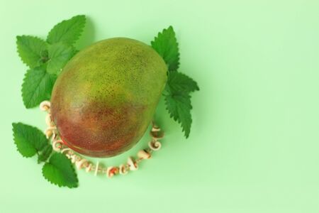 Ripe Green and Red Mango with green leaves and seashells beads on mint pastel background. Bright colors, Tropical Fruits, summer vacation,vegan.Poster,banner,streamer.Copy space,minimalistic style.の写真素材