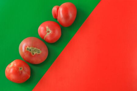 Ugly food concept, deformed tomatoes on the red and green background, copy space, minimalistic style, creative duotone image.の写真素材