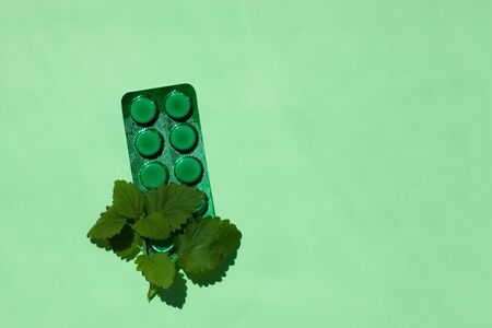 A green medical tablets plate with mint leaves, a remedy against allergy and runny nose, colds, viral diseases. Pastel green background, flat lay, natural light, minimalistic style.の写真素材
