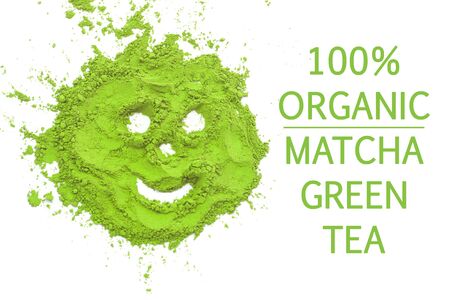 100 percent organic matcha green tea smile on a white background isolated. Smiling traditional powdered japanese tea. Healthy drinks, weightloss,energy,antioxidant sourse. Copy space,top view,flatlay.の写真素材